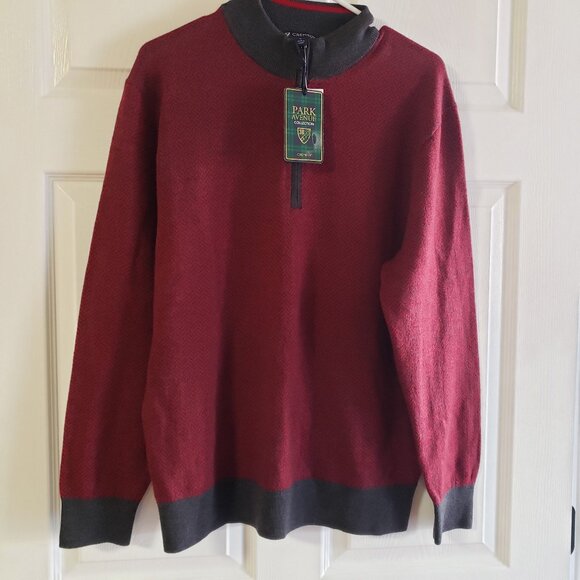 Cremieux Men's Red/Gray Herringbone 100% Merino Wool 1/4 Zip Sweater SZ Large - Picture 1 of 11